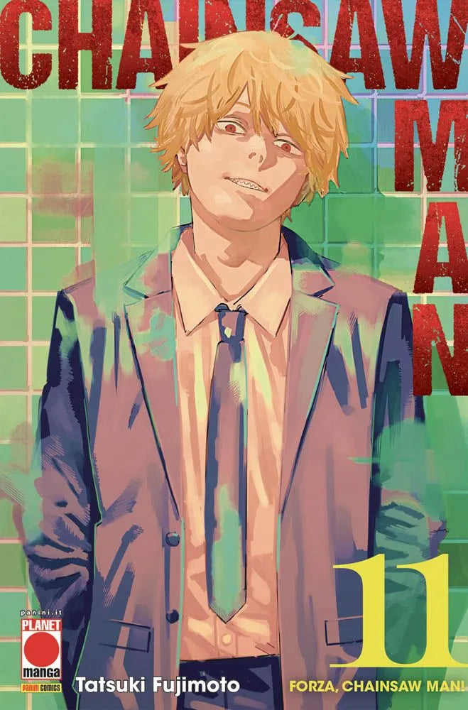 Copertina del manga Chainsaw Man Vol. 11. Su uno sfondo giallo vibrante e acceso, spicca in primo piano Denji trasformato nell'inconfondibile ibrido Diavolo-Motosega. Indossa la divisa da devil hunter rovinata dalla battaglia e assume una posa aggressiva e inarrestabile mentre spezza con forza delle pesanti catene oscure che cercano di trattenerlo. Schizzi di sangue e detriti accompagnano il movimento. In alto campeggia il logo del titolo in rosso e azzurro.