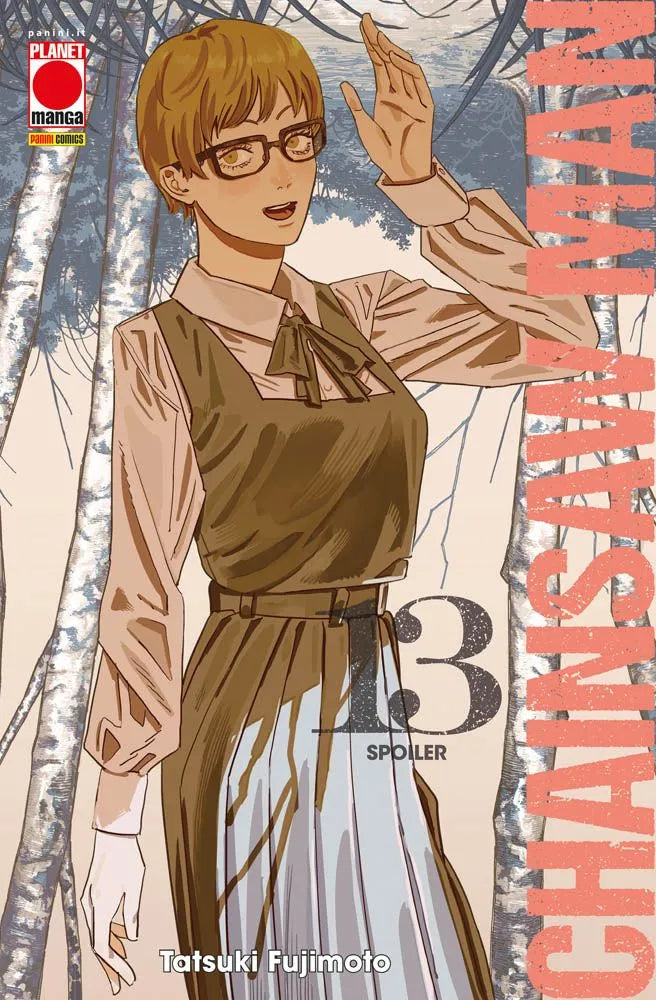 Copertina del manga Chainsaw Man Vol. 13. Su un vivace sfondo giallo limone, spicca in primo piano Yuko, caratterizzata da capelli scuri a caschetto, occhiali da vista tondi e la divisa scolastica. La ragazza fissa lo spettatore con un'espressione indecifrabile, mentre il suo corpo appare distorto e fuso con inquietanti tentacoli rosa e protuberanze carnose tipiche di una trasformazione demoniaca. In alto campeggia il logo del titolo in bianco.