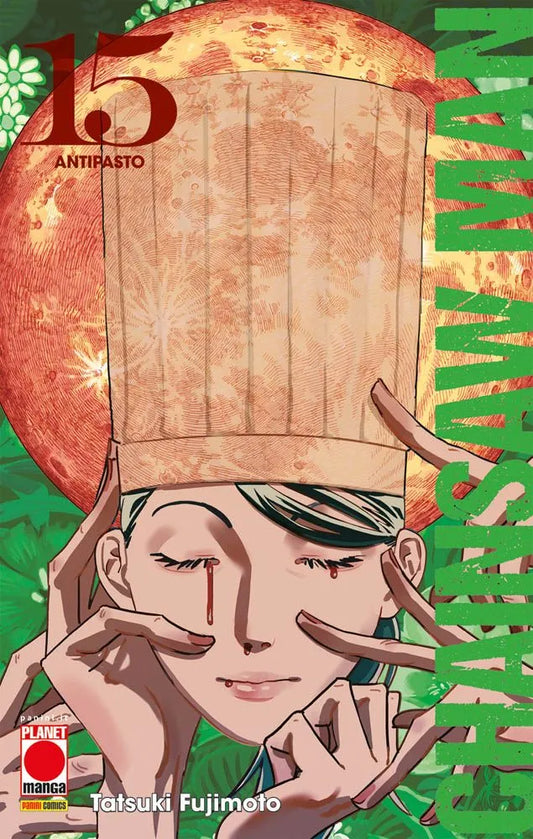 Copertina del manga Chainsaw Man Vol. 13. Su uno sfondo di un verde pastello molto chiaro e delicato, spicca in primo piano l'enigmatica Kiga (il Diavolo della Fame). La ragazza fissa lo spettatore con un'espressione fredda e distaccata, inclinando leggermente la testa di lato. Ha i capelli chiari legati in due trecce laterali, indossa la divisa scolastica con una sciarpa rossa e presenta degli orecchini a forma di triangolo nero che richiamano la bilancia dei cavalieri dell'apocalisse. In alto a destra il 