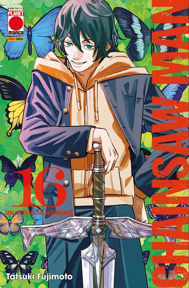 Copertina del manga Chainsaw Man Vol. 16. Su un vivace sfondo giallo, spicca in primo piano il volto di un giovane ragazzo con i capelli scuri e corti, che guarda verso l'alto con un'espressione di sorpresa o meraviglia. È circondato da innumerevoli fiori di campo bianchi e gialli che sembrano fluttuare intorno a lui. In alto a destra, il logo del titolo è realizzato in bianco con bordi neri.