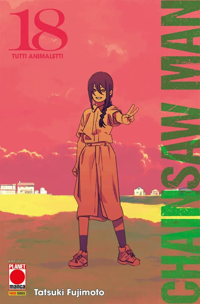 Copertina del manga Chainsaw Man Vol. 18. Su uno sfondo di un rosso intenso e cupo, spicca in primo piano il volto della piccola Nayuta, che fissa lo spettatore con un'espressione di sfida e i suoi caratteristici occhi dalle iridi concentriche gialle. Ha i capelli neri raccolti in una lunga treccia che le ricade sulla spalla. In alto a destra, il logo del titolo è realizzato in bianco con bordi neri.
