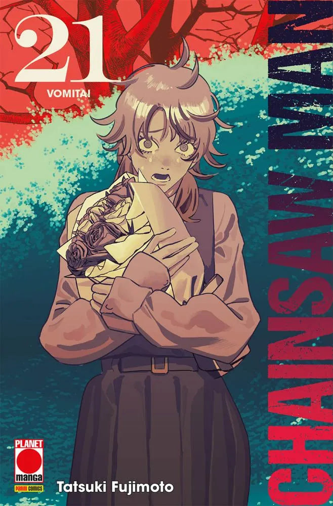 La copertina di Chainsaw Man Vol. 21 mostra un personaggio femminile (probabilmente Fumiko Mifune) con un'espressione sconvolta e lacrimosa mentre stringe un bouquet di rose, su uno sfondo rosso e verde acido.