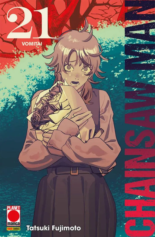 La copertina di Chainsaw Man Vol. 21 mostra un personaggio femminile (probabilmente Fumiko Mifune) con un'espressione sconvolta e lacrimosa mentre stringe un bouquet di rose, su uno sfondo rosso e verde acido.