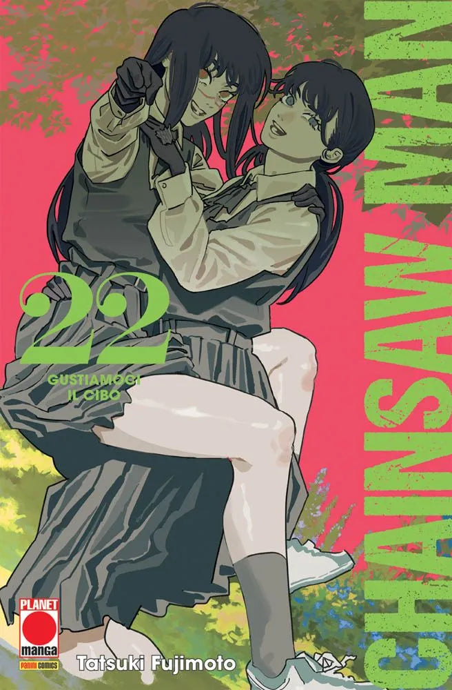Copertina del manga Chainsaw Man Vol. 22, edito da Panini Planet Manga. L'illustrazione mostra due ragazze in divisa scolastica (gonna scura, gilet scuro e camicia chiara) su uno sgargiante sfondo rosa shocking. Una ragazza, in piedi, sorregge l'altra tenendola sollevata tra le braccia in una presa salda, mentre entrambe sfoggiano un'espressione sorridente e ambigua. Sul lato destro campeggia il grande titolo "CHAINSAW MAN" posizionato in verticale a lettere verde acido. A sinistra spicca il numero 22.