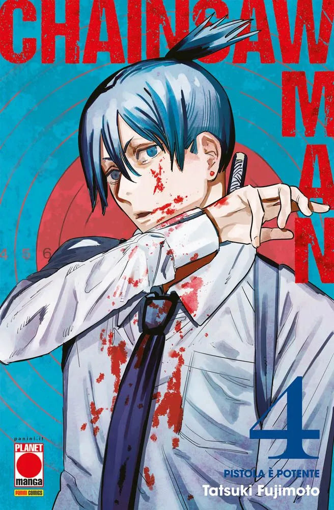Copertina del manga Chainsaw Man Vol. 4. In primo piano spicca il devil hunter Aki Hayakawa, con i suoi caratteristici capelli neri legati in un ciuffo. Indossa la tipica divisa elegante e impugna saldamente la sua katana con un'espressione fredda e concentrata. Alle sue spalle, su un vivace sfondo azzurro scuro, emerge in modo minaccioso la gigantesca testa del Diavolo Volpe, con innumerevoli occhi rossi e le fauci spalancate. In alto campeggia il logo del titolo.