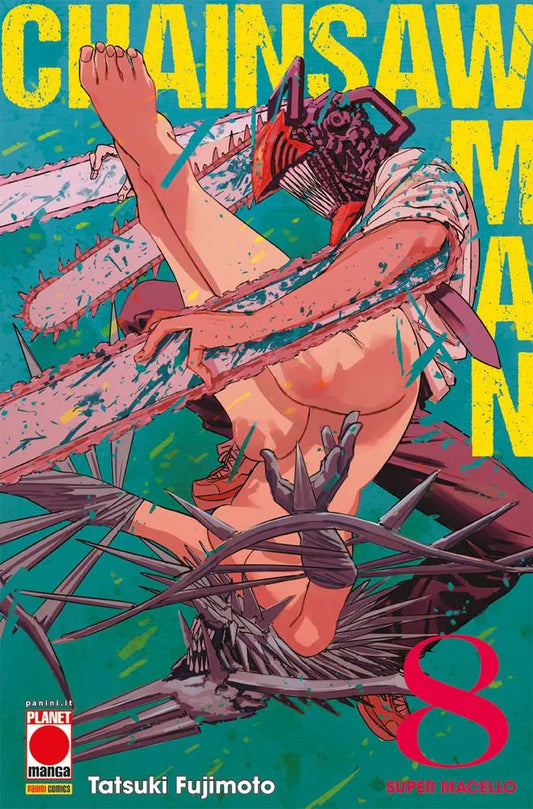 Copertina del manga Chainsaw Man Vol. 8. Su un vivace e acceso sfondo fucsia, spicca al centro l'affascinante e letale sicaria Quanxi, caratterizzata dai capelli bianchi e da una benda sull'occhio destro, con un'espressione fredda e distaccata. È circondata in modo caotico dal suo eccentrico harem di diavoli dalle sembianze femminili (Pingtsi, Long, Cosmo e Tsugihagi), ritratte in varie pose eccentriche e dinamiche. In alto il logo del titolo in giallo e azzurro.