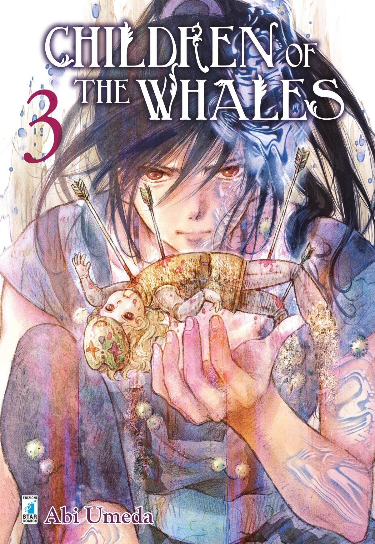 Copertina del terzo volume del manga 'Children Of The Whales' di Abi Umeda, edito da Star Comics. L'illustrazione ritrae in primo piano un personaggio dai lunghi capelli scuri e dagli occhi rossi che sostiene con cura tra le mani una figura trafitta da frecce, sormontato dal titolo e dal numero 3 in viola.