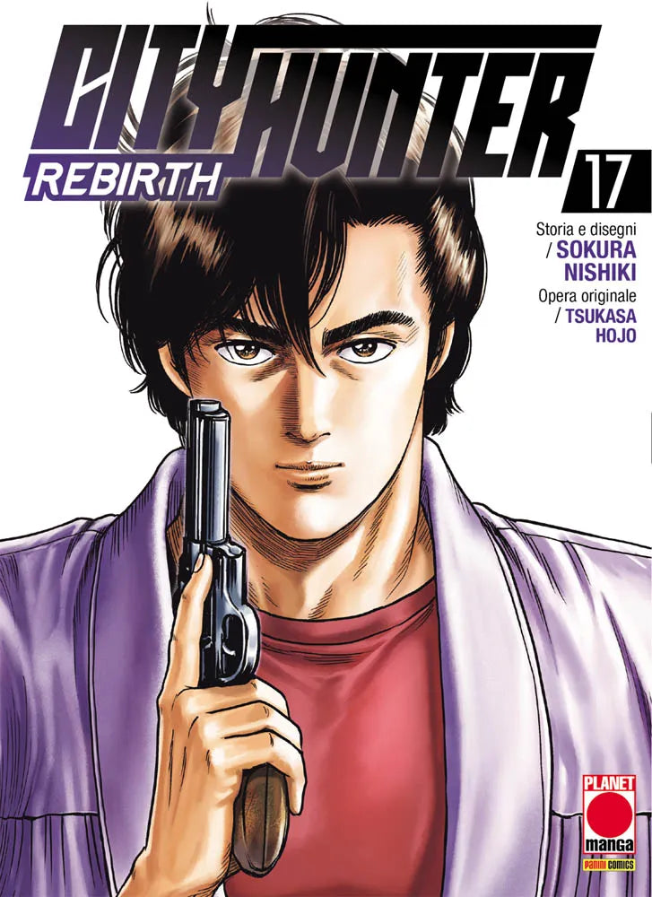 Copertina del diciassettesimo volume in italiano del manga 'City Hunter Rebirth' di Sokura Nishiki e Tsukasa Hojo, edito da Planet Manga. L'illustrazione ritrae in primo piano Ryo Saeba vestito con una giacca viola su t-shirt rossa mentre impugna un revolver accanto al volto, con sfondo bianco sormontato dal titolo CITY HUNTER REBIRTH e dal numero 17 in alto a destra.