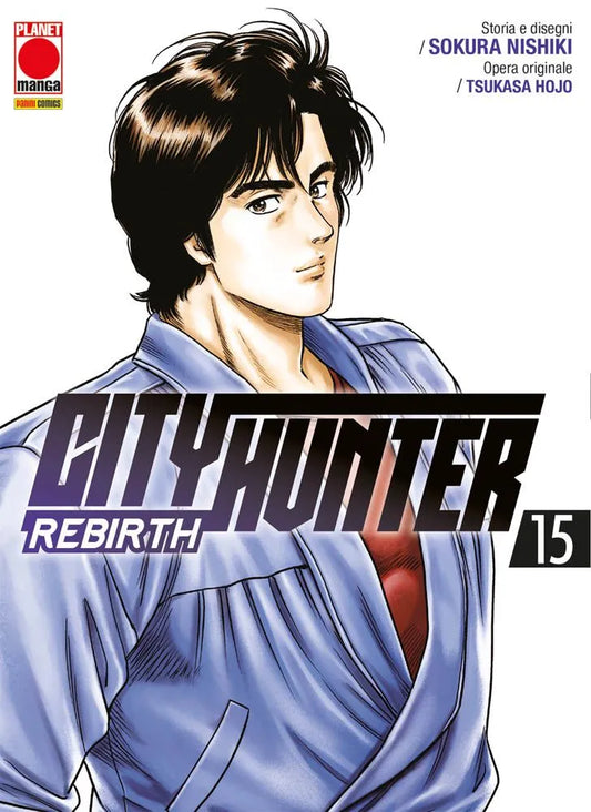 Ryo Saeba, con la sua classica giacca blu e maglietta rossa, guarda dritto davanti a sé con un'espressione calma e sicura, sulla copertina di City Hunter Rebirth Vol. 15 (Panini Manga).