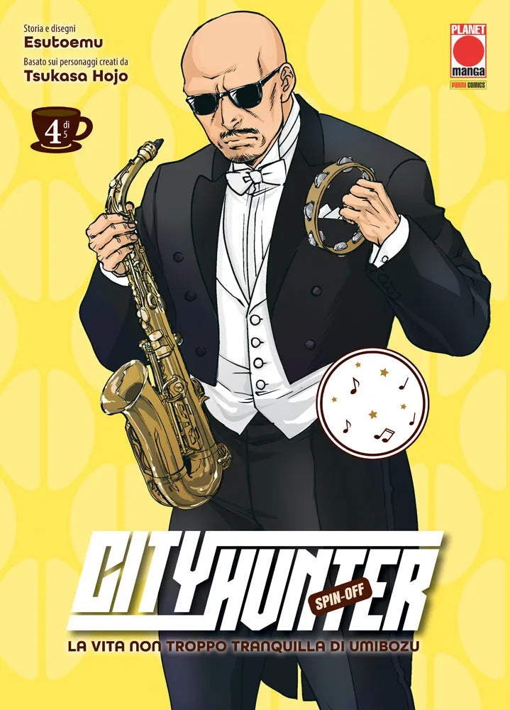 Copertina del manga City Hunter Spin-Off La Vita non Troppo Tranquilla di Umibozu Vol. 4 edito da Panini Planet Manga con Umibozu in tuxedo che suona il sassofono.   
