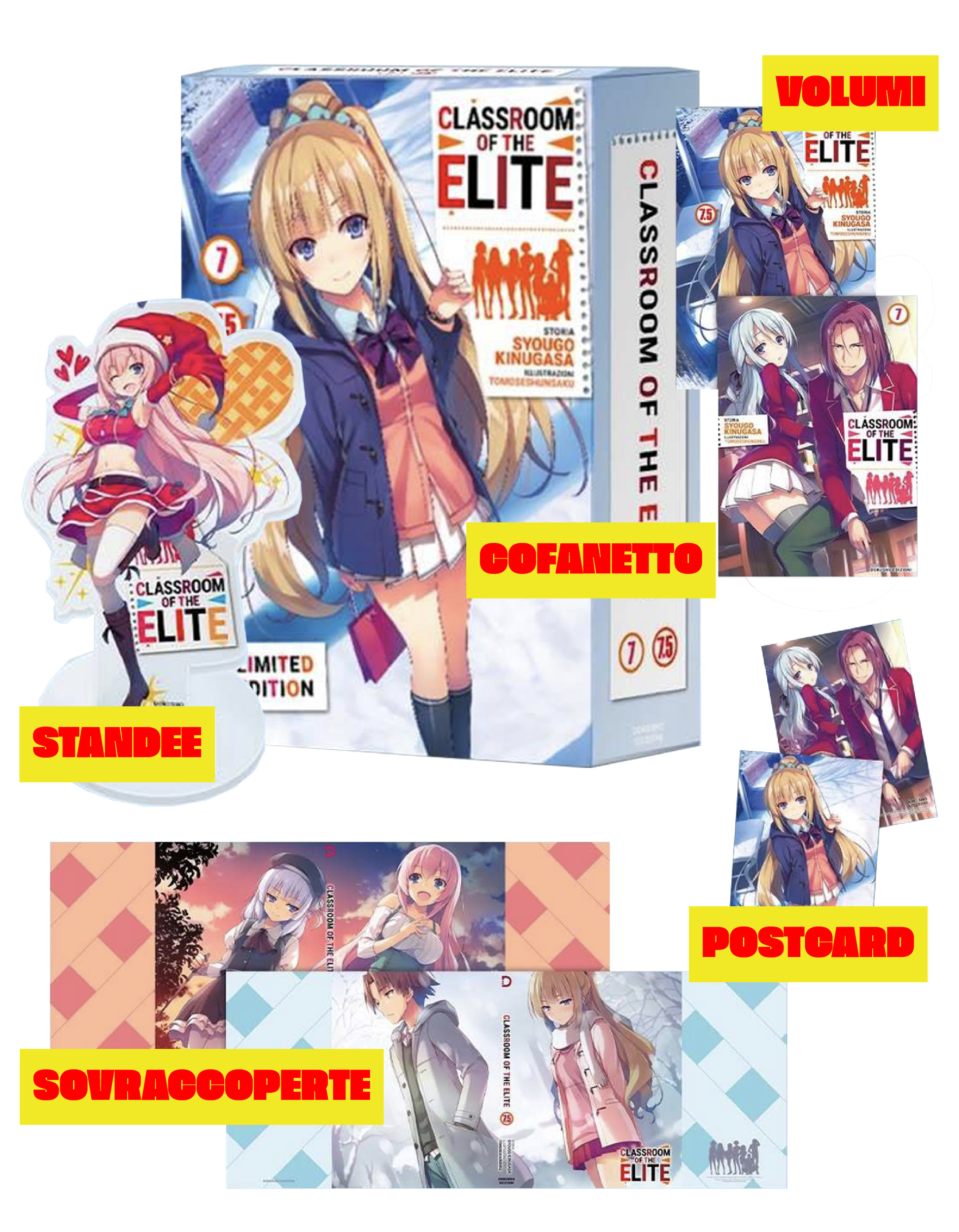 Immagine promozionale del Box Limited Edition di Classroom of the Elite Vol. 7 e 7.5 edito da Dokusho Edizioni; sono visibili il cofanetto verticale, i due volumi con le copertine regolari e variant, le cartoline illustrate e lo standee in acrilico di Ichinose vestita da Babbo Natale.