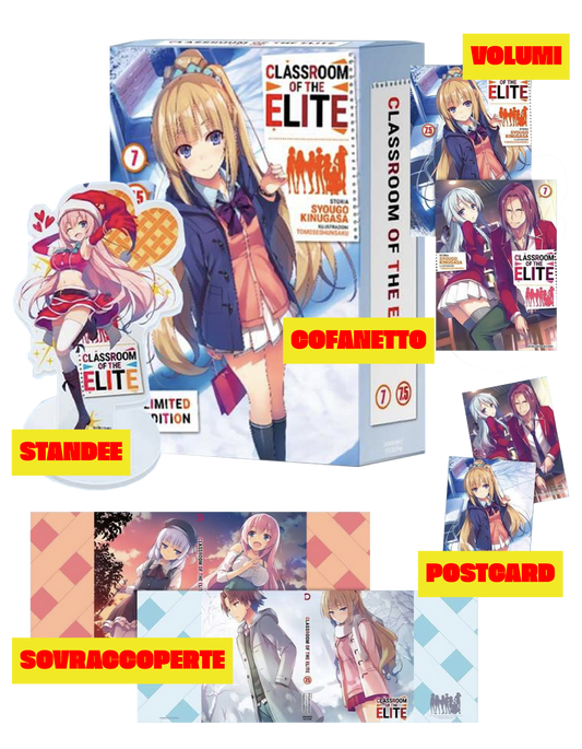 Immagine promozionale del Box Limited Edition di Classroom of the Elite Vol. 7 e 7.5 edito da Dokusho Edizioni; sono visibili il cofanetto verticale, i due volumi con le copertine regolari e variant, le cartoline illustrate e lo standee in acrilico di Ichinose vestita da Babbo Natale.