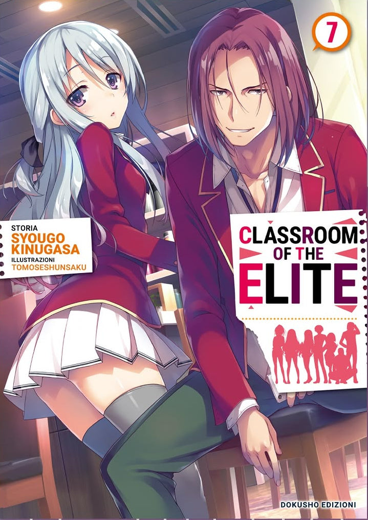 Copertina della light novel Classroom Of The Elite volume 7 edita da Dokusho Edizioni; l'illustrazione mostra in primo piano Hiyori Shiina con lunghi capelli argento e sguardo dolce, seduta accanto a Kakeru Ryuuen, che appare con un'espressione minacciosa e capelli rossastri.