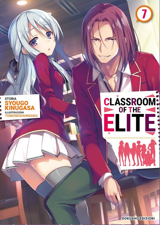 Copertina della light novel Classroom Of The Elite volume 7 edita da Dokusho Edizioni; l'illustrazione mostra in primo piano Hiyori Shiina con lunghi capelli argento e sguardo dolce, seduta accanto a Kakeru Ryuuen, che appare con un'espressione minacciosa e capelli rossastri.