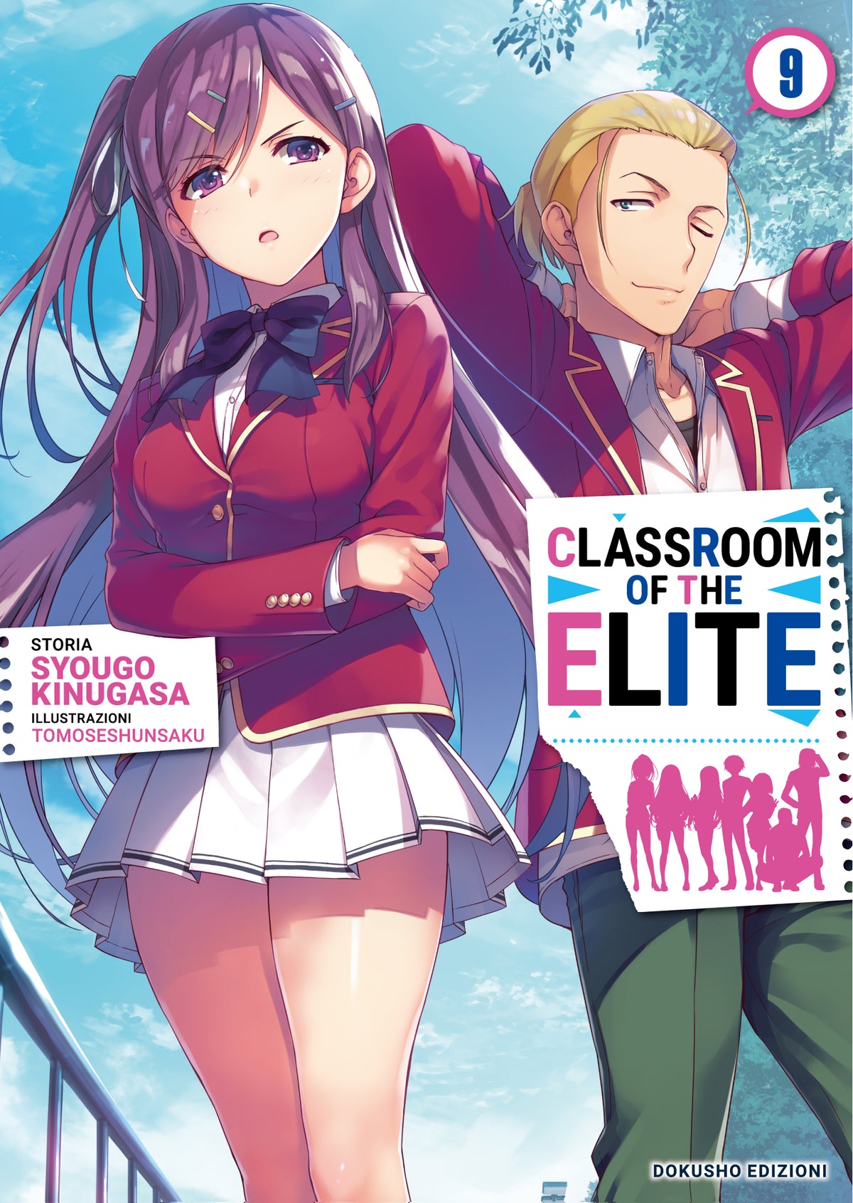 Classroom of the Elite Novel Vol. 9 Dokusho Edizioni - copertina italiana con due studenti in uniforme scolastica rossa su sfondo azzurro.