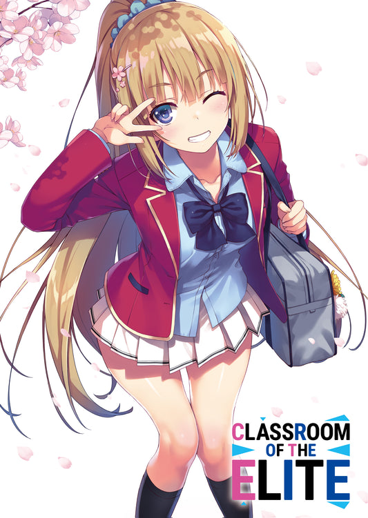 Copertina alternativa della light novel Classroom of the Elite Vol. 9, edizione italiana Dokusho Edizioni. L'illustrazione raffigura una studentessa bionda con coda di cavallo, uniforme scolastica rossa e borsa a tracolla, mentre sorride e fa l'occhiolino, circondata da fiori e petali di ciliegio rosa.