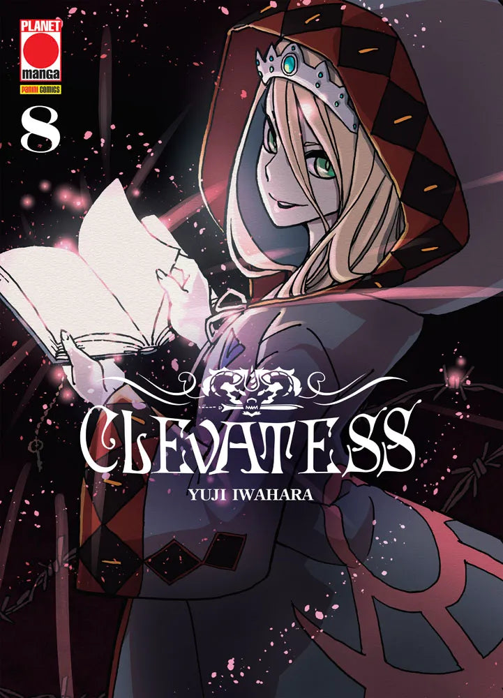 Copertina dell'ottavo volume in italiano del manga 'Clevatess' di Yuji Iwahara, edito da Planet Manga. L'illustrazione mostra una giovane figura femminile sorridente con tiara e cappuccio decorato a scacchi rossi e neri mentre regge un libro aperto da cui scaturisce una luce rosa brillante, sullo sfondo scuro con il titolo Clevatess al centro e il numero 8 in alto a sinistra.