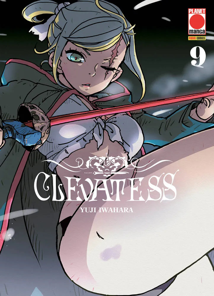 Copertina del nono volume del manga dark fantasy 'Clevatess' di Yuji Iwahara, edito da Panini Planet Manga. L'illustrazione dinamica ritrae la guerriera Alicia con mantello verde scuro e una vistosa cicatrice sull'occhio mentre impugna una spada dalla lama rossa in posa da combattimento, con il logo 'CLEVATESS', il nome dell'autore Yuji Iwahara, il numero 9 e il marchio Planet Manga.