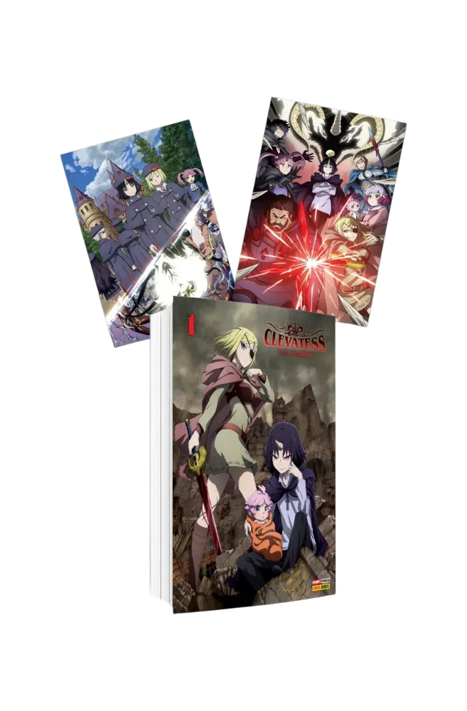 Visualizzazione tridimensionale del primo volume del manga Clevatess in edizione Instant Variant Crunchyroll, sormontato dalle due cartoline illustrate da collezione incluse nel pack, il tutto disposto su uno sfondo completamente nero.