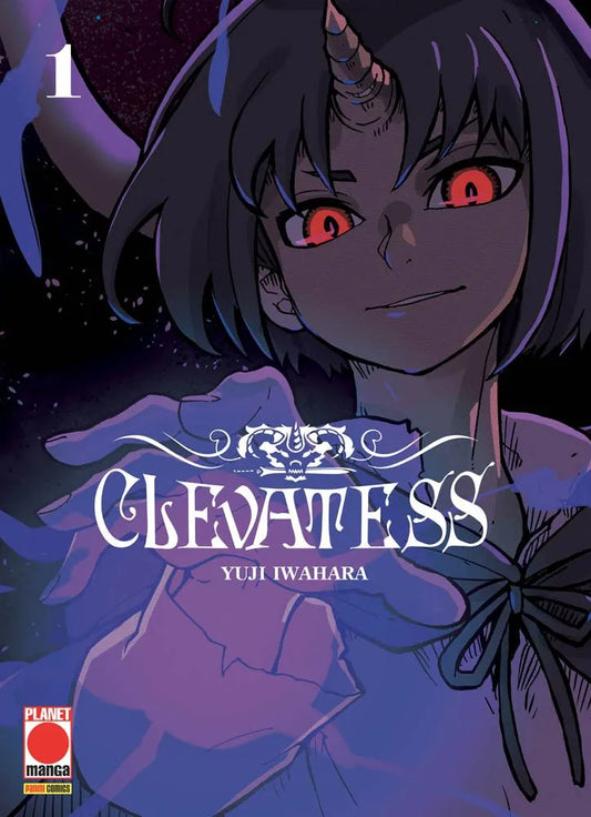 Copertina del manga Clevatess Vol. 1 su sfondo scuro; in primo piano un personaggio con capelli corti, occhi rossi luminosi e un singolo corno sulla fronte tende una mano verso lo spettatore.