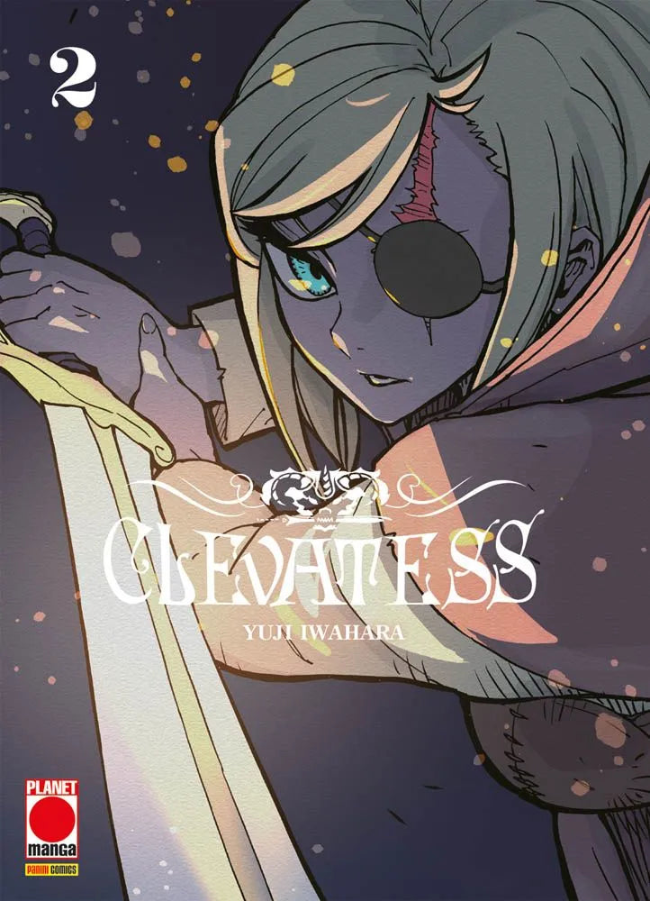 Copertina del manga Clevatess Vol. 2; in primo piano un personaggio con capelli corti chiari, un occhio azzurro visibile e una benda scura sull'altro, che impugna saldamente la lama di una spada. Sfondo scuro decorato con leggere scintille dorate e rosa.