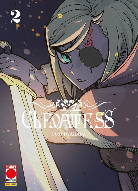 Copertina del manga Clevatess Vol. 2; in primo piano un personaggio con capelli corti chiari, un occhio azzurro visibile e una benda scura sull'altro, che impugna saldamente la lama di una spada. Sfondo scuro decorato con leggere scintille dorate e rosa.