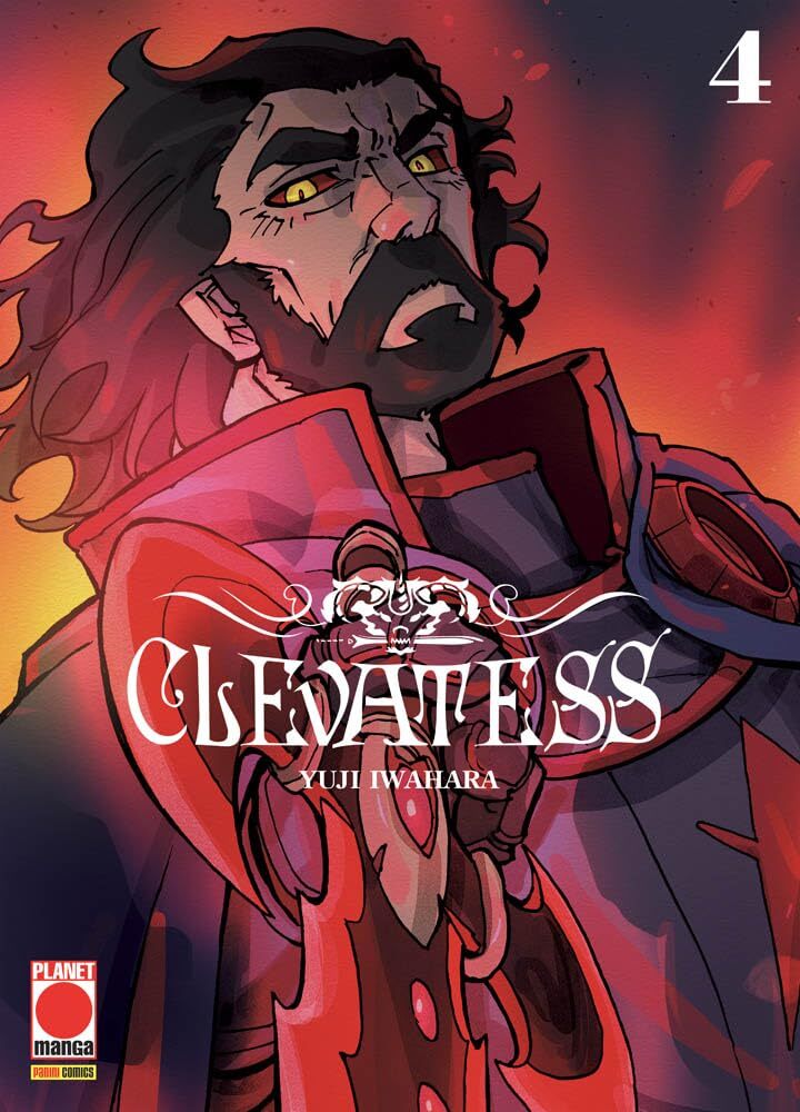 Copertina del manga Clevatess volume 4. Un guerriero con barba nera e occhi dorati guarda con fermezza verso l'alto, indossando un'armatura scura dai dettagli rossi.