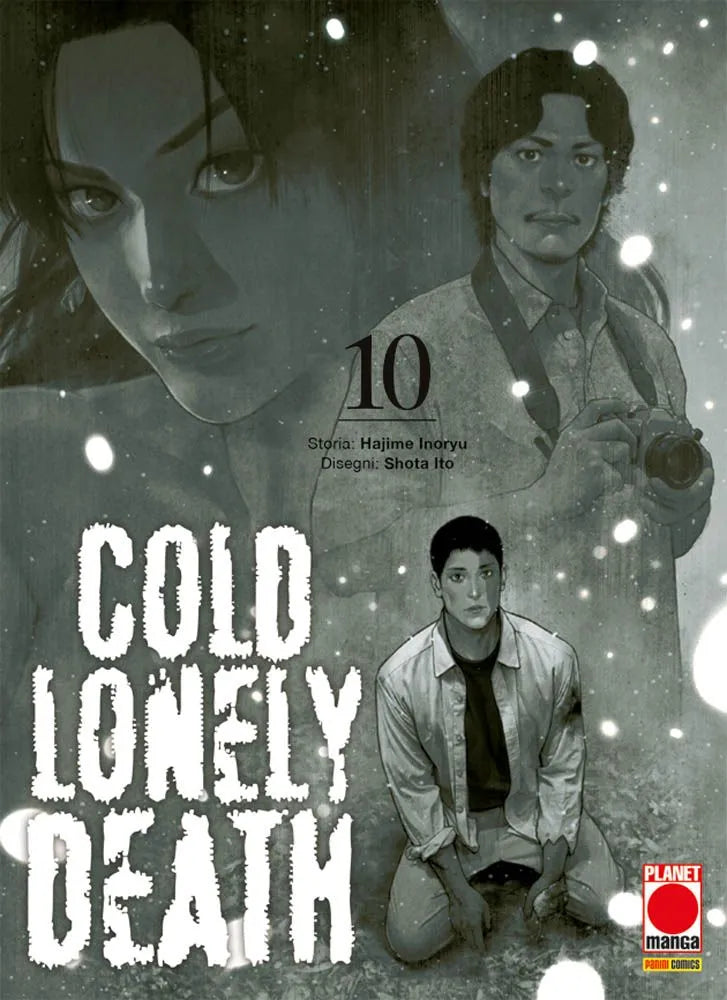 Copertina del manga Cold Lonely Death volume 10 edito da Panini Planet Manga; l'illustrazione dai toni grigi e freddi mostra tre personaggi con espressioni serie e malinconiche, mentre cadono fiocchi di neve bianca.