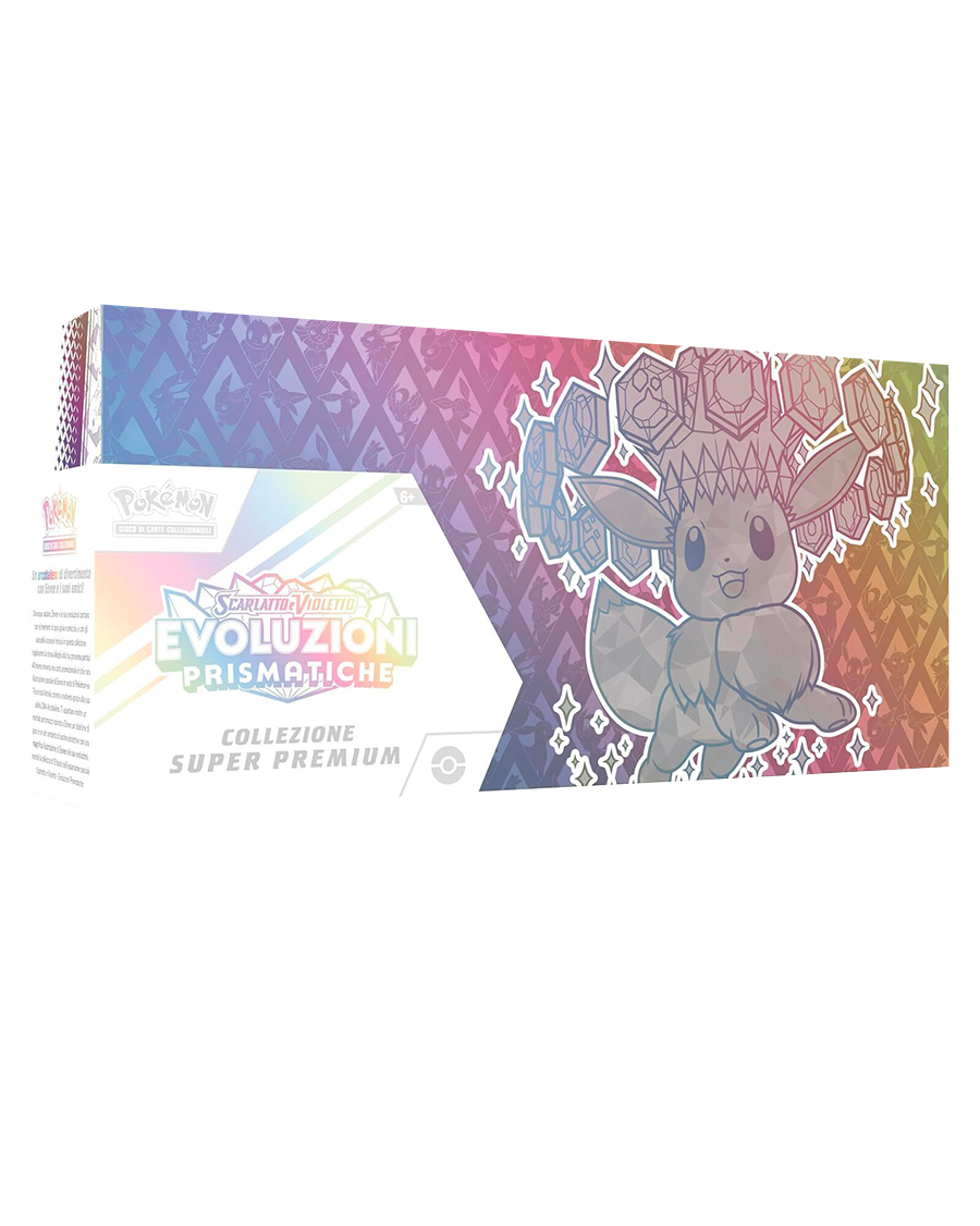 Grande confezione premium rettangolare della Collezione Speciale Super Premium di Pokémon Scarlatto e Violetto - Evoluzioni Prismatiche, con sfondo a gradiente sfumato dall'azzurro al verde caratterizzato dalle silhouette delle Eeveelutions e una grande illustrazione stilizzata di Eevee in forma Teracristal Astrale sul lato destro.