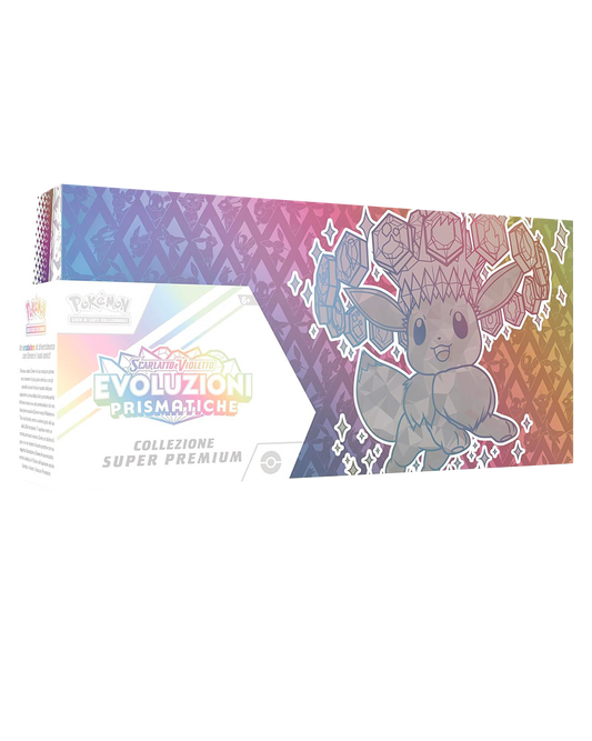 Grande confezione premium rettangolare della Collezione Speciale Super Premium di Pokémon Scarlatto e Violetto - Evoluzioni Prismatiche, con sfondo a gradiente sfumato dall'azzurro al verde caratterizzato dalle silhouette delle Eeveelutions e una grande illustrazione stilizzata di Eevee in forma Teracristal Astrale sul lato destro.