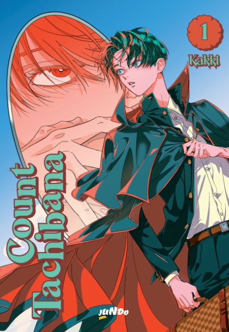 Copertina del manga Count Tachibana 1. Un giovane dai capelli scuri con mantello e valigia, con in secondo piano il volto dai toni rossastri di un uomo dallo sguardo enigmatico.