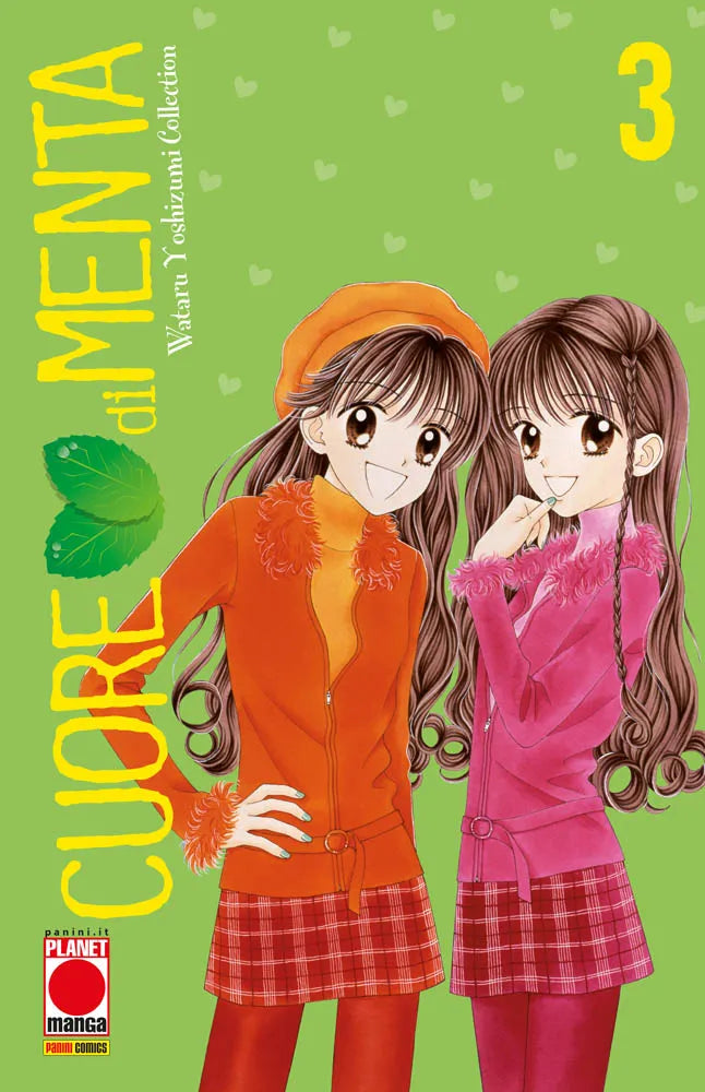 Copertina del terzo e ultimo volume del manga Cuore di Menta. Su uno sfondo verde brillante decorato con delicati cuoricini, Maria e Noel sorridono felici e complici. Indossano colorati completi invernali composti da giacche arancioni e fucsia profilate in ecopelliccia, gonne a pieghe scozzesi e calzamaglie in tinta. A sinistra spicca il titolo in giallo brillante accompagnato da due foglioline di menta.