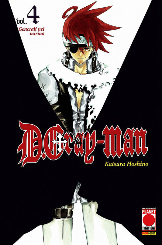 Copertina del quarto volume del manga 'D.Gray-Man' di Katsura Hoshino, edito da Panini Planet Manga. L'illustrazione ritrae in primo piano l'esorcista Lavi con vistosi capelli rossi sporgenti, benda sull'occhio e divisa scura con bavero bianco, incorniciato da una sagoma a V su sfondo nero, sormontato dal titolo 'D.Gray-man' in lettere gotiche rosse e dal numero 4.