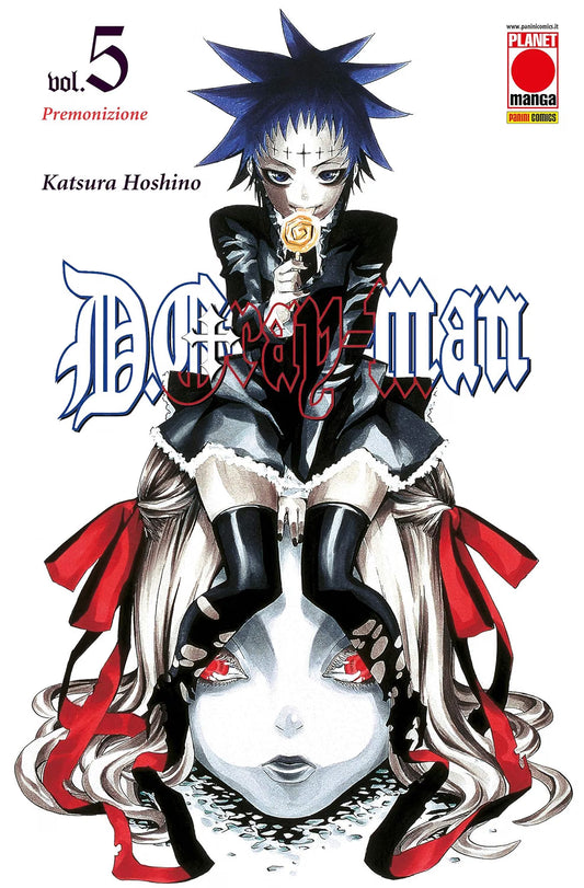 Copertina del manga 'D.Gray-man Vol. 5' (Planet Manga) con Road Kamelot con lecca-lecca seduta sulla testa di Eliade.