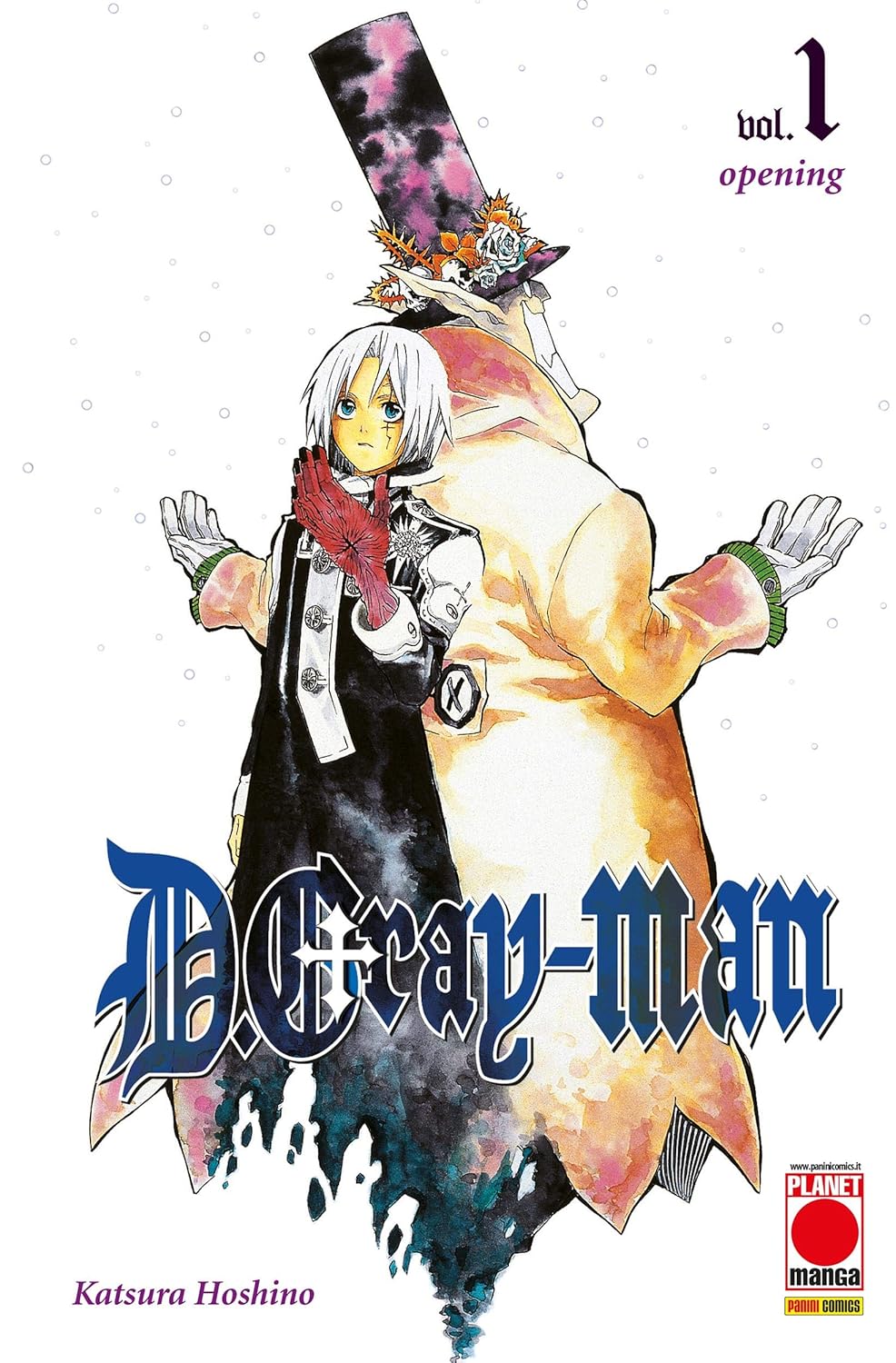 Copertina del manga D.Gray-Man volume 1. Su uno sfondo bianco sfumato punteggiato da fiocchi di neve o cenere, si staglia il giovane protagonista Allen Walker, con capelli bianchi e una cicatrice sull'occhio, che solleva il suo grottesco braccio sinistro rosso sangue. Alle sue spalle, voltata di schiena, l'imponente sagoma del Conte del Millennio, riconoscibile dal largo sorriso e dall'alto cappello a cilindro decorato con teschi e rose spinose. Al centro domina il titolo "D.Gray-man" in stile gotico azzurr