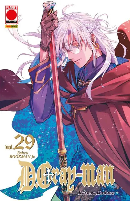 Un primo piano artistico di un personaggio maschile dai lunghi capelli bianchi e occhiali (probabilmente Allen Walker posseduto o una visione del passato), che regge un bastone decorato, con uno sguardo malinconico sulla copertina di D.Gray-Man Vol. 29.