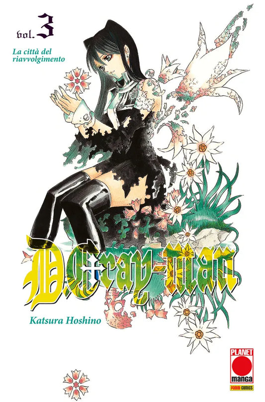 Copertina del terzo volume in italiano del manga 'D.Gray-Man' di Katsura Hoshino, edito da Panini Planet Manga. L'illustrazione mostra in primo piano la giovane esorcista Lenalee Lee vestita con la divisa scura dell'Ordine e stivali alti neri, seduta pensierosa circondata da fiori e narcisi bianchi su sfondo chiaro.