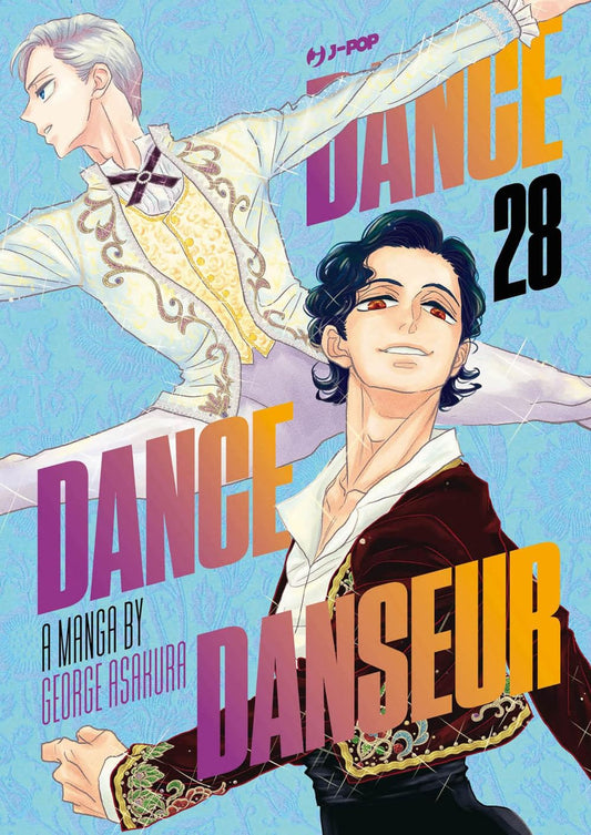 Copertina del volume 28 del manga Dance Dance Danseur; l'immagine mostra due ballerini maschi in pose plastiche: in primo piano un ragazzo moro con un costume bordeaux e oro, sullo sfondo un ragazzo biondo con un costume bianco e oro.