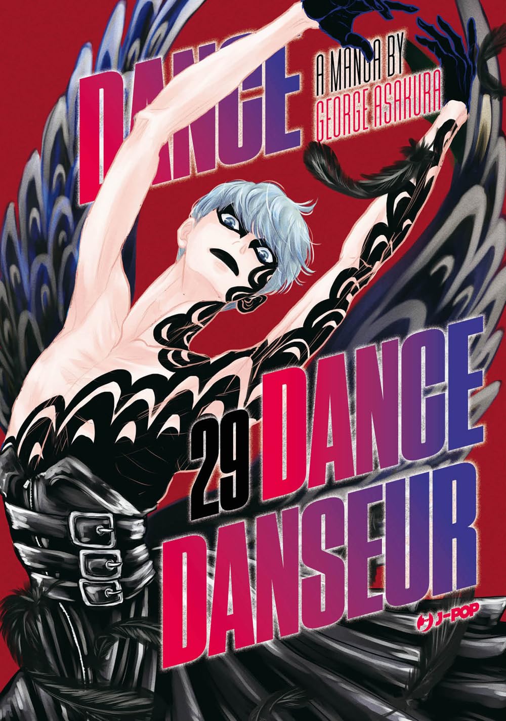Copertina del manga Dance Dance Danseur Vol. 29, edito da J-POP Manga. L'illustrazione su uno sfondo rosso acceso mostra un ballerino con corti capelli azzurro chiaro e un marcato e drammatico trucco nero sugli occhi, ritratto in una posa teatrale ed espressiva con le braccia elegantemente sollevate e il busto inarcato. Indossa un elaborato e oscuro costume di scena nero, caratterizzato da un corpetto increspato con fibbie metalliche.