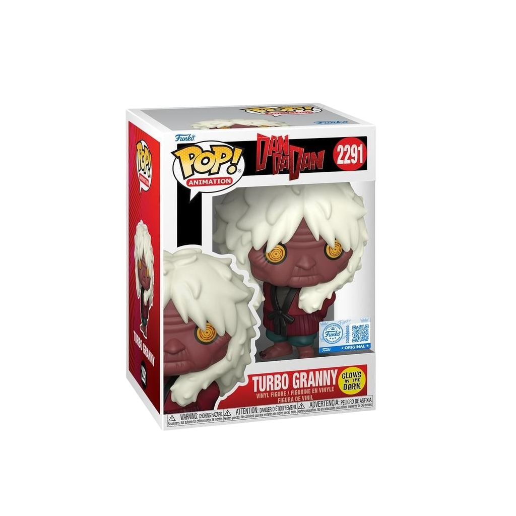 Scatola del Funko POP! Animation numero 2291 di Turbo Granny tratto dall'anime Dandadan su sfondo nero. La confezione con finestra mostra la figura in vinile dello Yokai con pelle scura, folti capelli bianchi, occhi gialli a spirale e abito rosso, affiancata dal logo Dandadan, dal bollino d'autenticità Funko e dall'adesivo speciale 'Glows in the Dark'.
