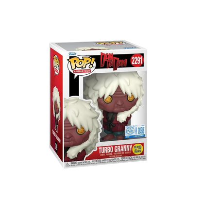 Scatola del Funko POP! Animation numero 2291 di Turbo Granny tratto dall'anime Dandadan su sfondo nero. La confezione con finestra mostra la figura in vinile dello Yokai con pelle scura, folti capelli bianchi, occhi gialli a spirale e abito rosso, affiancata dal logo Dandadan, dal bollino d'autenticità Funko e dall'adesivo speciale 'Glows in the Dark'.