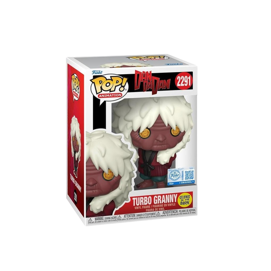 Scatola del Funko POP! Animation numero 2291 di Turbo Granny tratto dall'anime Dandadan su sfondo nero. La confezione con finestra mostra la figura in vinile dello Yokai con pelle scura, folti capelli bianchi, occhi gialli a spirale e abito rosso, affiancata dal logo Dandadan, dal bollino d'autenticità Funko e dall'adesivo speciale 'Glows in the Dark'.
