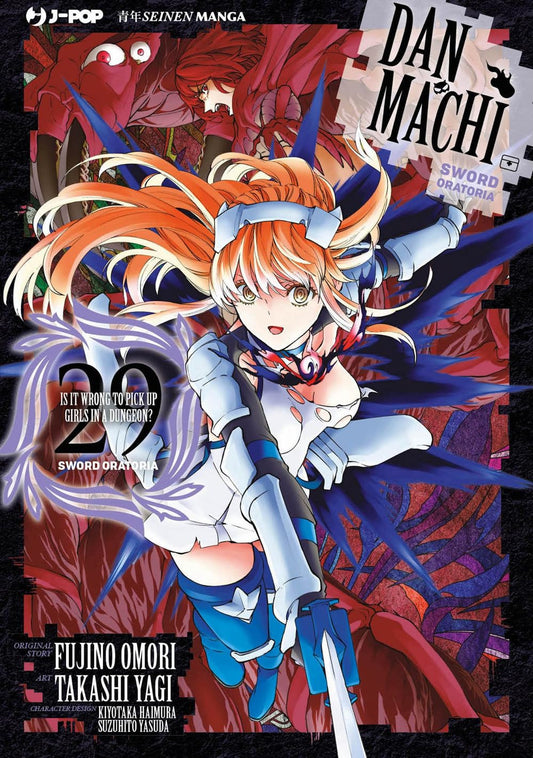 Lefiya Viridis in una posa dinamica mentre lancia un potente incantesimo magico viola, con i capelli arancioni al vento, sulla copertina di DanMachi Sword Oratoria Vol. 29.