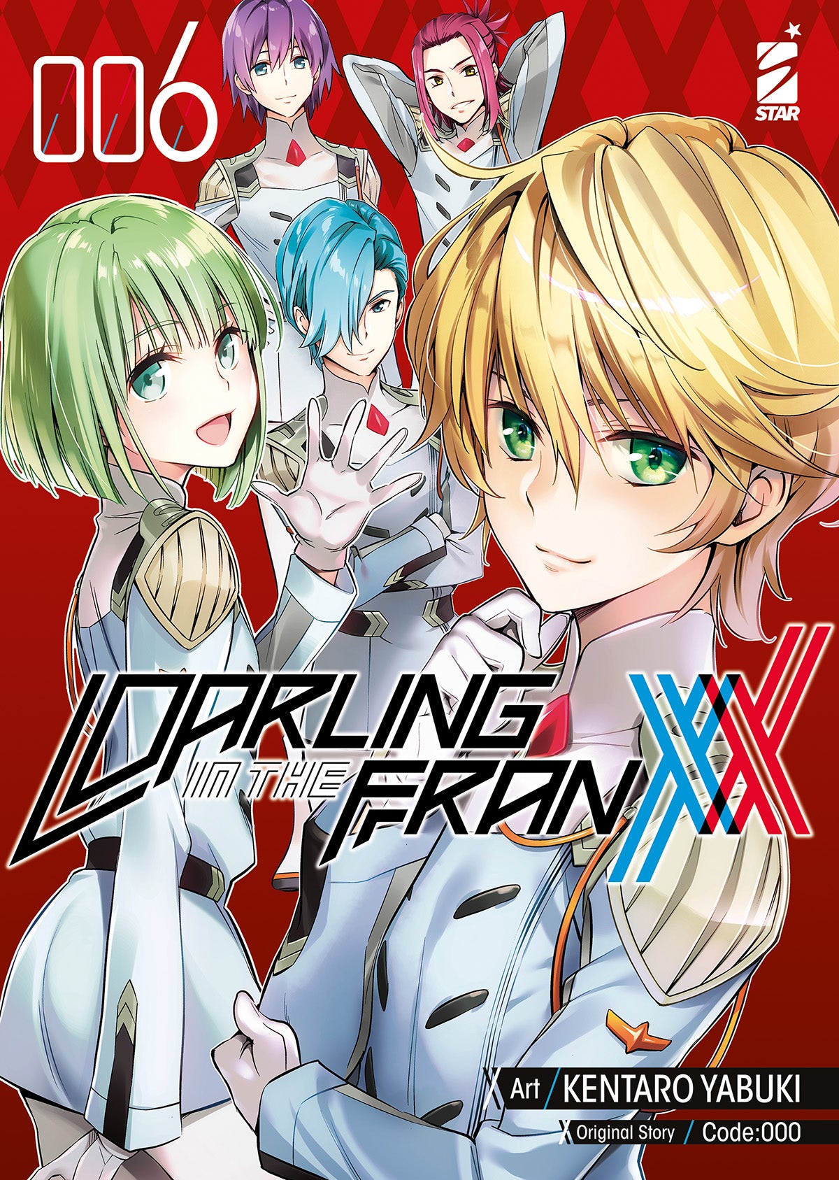 Copertina del sesto volume del manga 'Darling in The Franxx' di Kentaro Yabuki, edito da Star Comics. L'illustrazione ritrae i membri dell'unità d'élite Nines nelle loro divise bianche su sfondo rosso, sormontati dal titolo e dal numero 006.