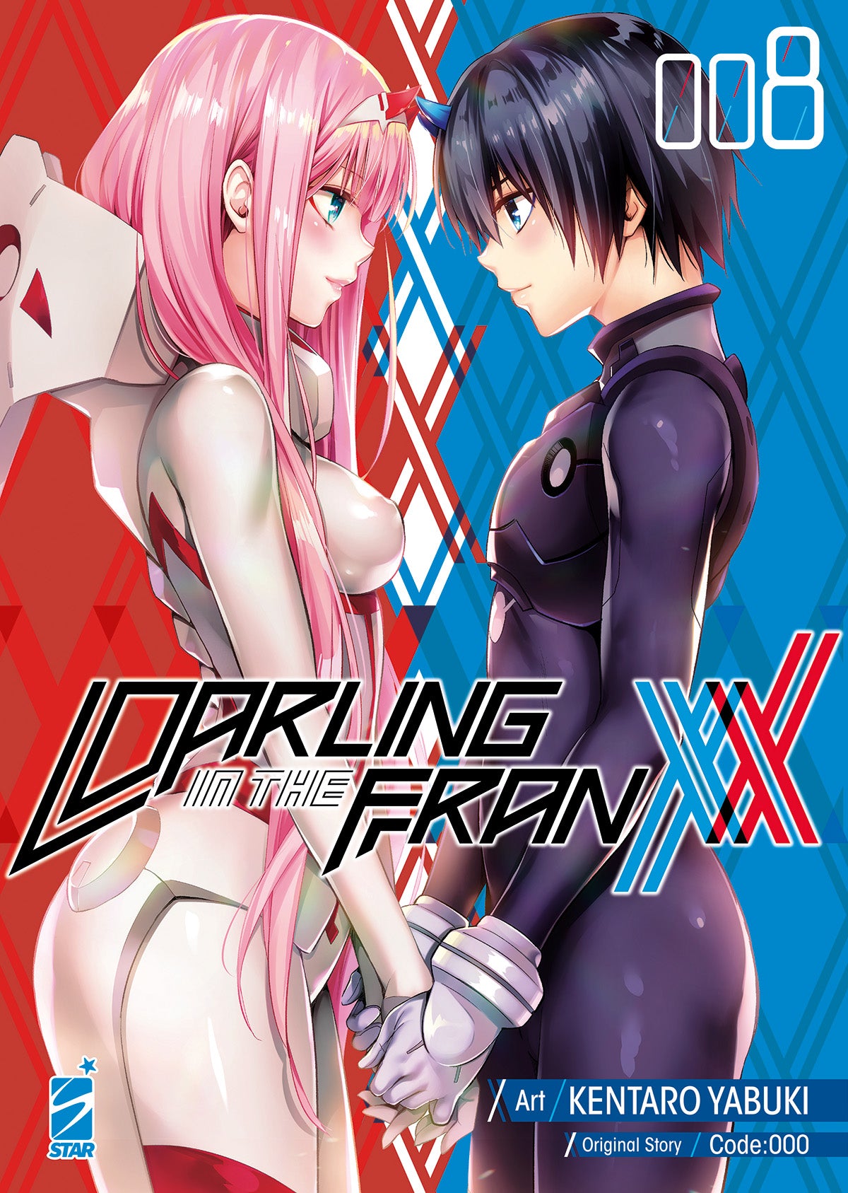 Copertina dell'ottavo e ultimo volume del manga 'Darling in The Franxx' di Kentaro Yabuki, edito da Star Comics. L'illustrazione ritrae Zero Two e Hiro da vicino mentre si guardano negli occhi e si tengono per mano, sormontati dal titolo e dal numero 008.