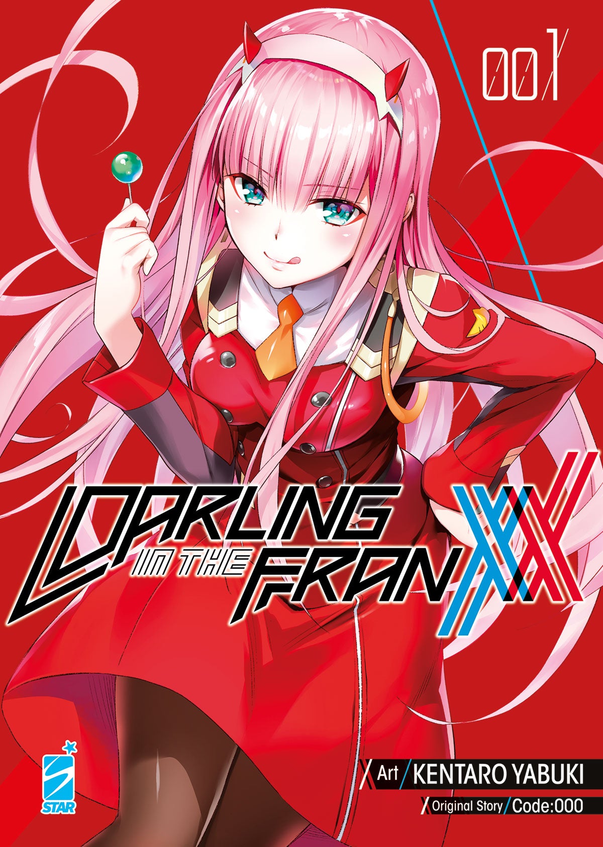 Copertina del manga Darling in the Franxx volume 1. In primo piano spicca Zero Two, una ragazza dai lunghi capelli rosa e piccole corna rosse, con indosso un'uniforme militare rossa e una lecca-lecca in mano. Lo sfondo è rosso acceso con il logo nero e blu del titolo. In basso a destra sono riportati i nomi degli autori: Art by Kentaro Yabuki e Original Story by Code:000. In basso a sinistra il logo Star Comics.