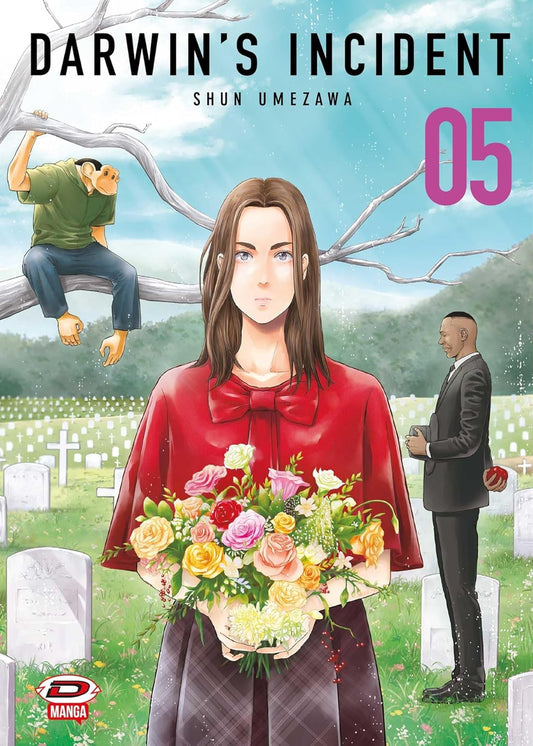 Copertina del quinto volume del manga Darwin's Incident. In primo piano, Lucy si trova in un prato verde all'interno di un cimitero punteggiato di lapidi bianche, tenendo tra le mani un grande e colorato bouquet di fiori freschi. Sulla sinistra, l'humanzee Charlie siede scalzo e pensieroso sul ramo spoglio di un albero. Sulla destra, un uomo in completo scuro osserva le tombe nascondendo una mela rossa dietro la schiena.