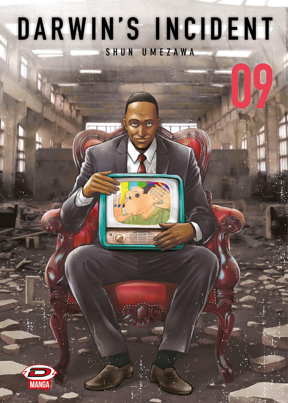 Copertina del manga Darwin's Incident volume 9 edito da Dynit; l'illustrazione mostra il protagonista Charlie lo humanzee in un contesto di alta tensione.