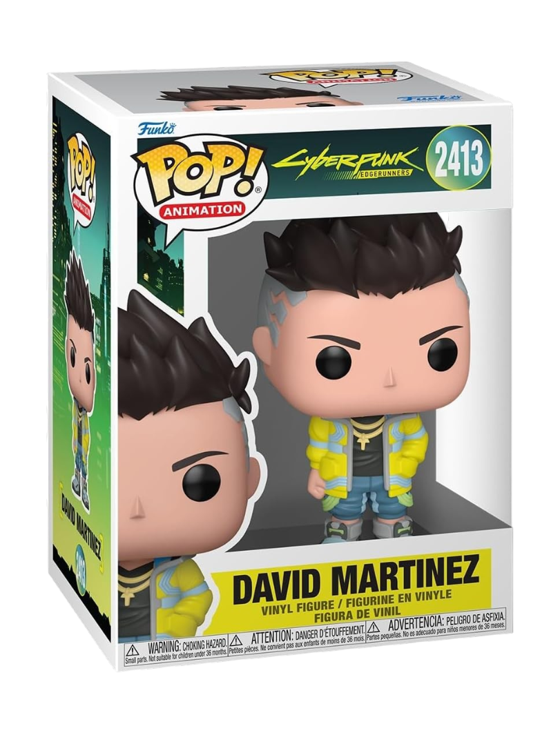 Immagini del Funko POP! numero 2413 di David Martinez dall'anime Cyberpunk: Edgerunners, che mostrano la confezione a scatola da collezione e il primo piano dettagliato della statuetta in vinile del personaggio con capelli a cresta scuri e giacca gialla.