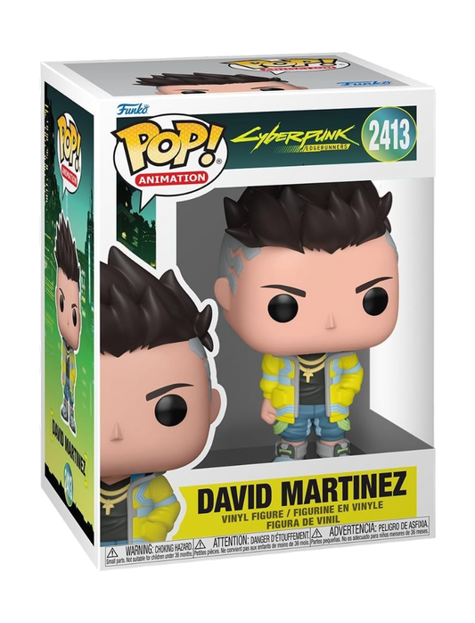 Immagini del Funko POP! numero 2413 di David Martinez dall'anime Cyberpunk: Edgerunners, che mostrano la confezione a scatola da collezione e il primo piano dettagliato della statuetta in vinile del personaggio con capelli a cresta scuri e giacca gialla.